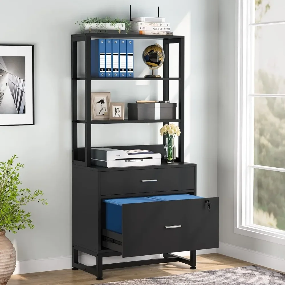 Drawer Vertical File Cabinet with Lock & Bookshelf, Modern Filing Cabinet Printer Stand with Open Storage Shelves