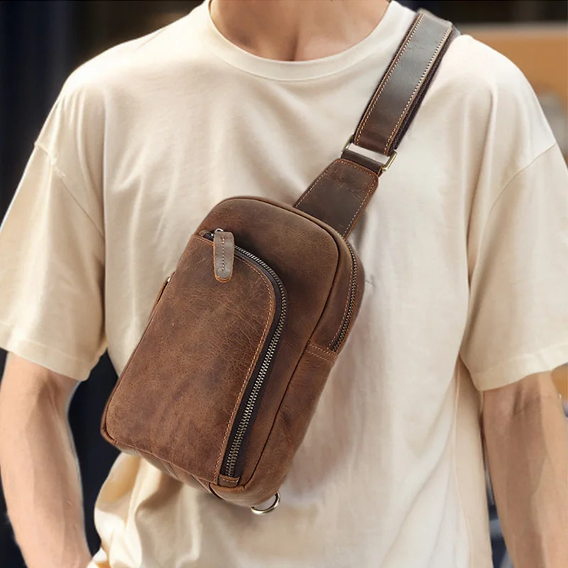 

Men's Vintage Brown Genuine Cowhide Leather Chest Bag Multi Zip Compartment Sling Bag with Adjustable Strap Chic Shoulder Bags