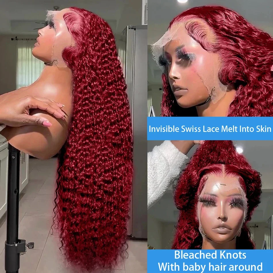 200 الكثافة 99J بورجوندي موجة عميقة 13x6 الدانتيل أمامي خصلات الشعر المستعار الإنسان البرازيلي الملونة 30 38 بوصة مجعد الأحمر الدانتيل الجبهة الباروكات #5