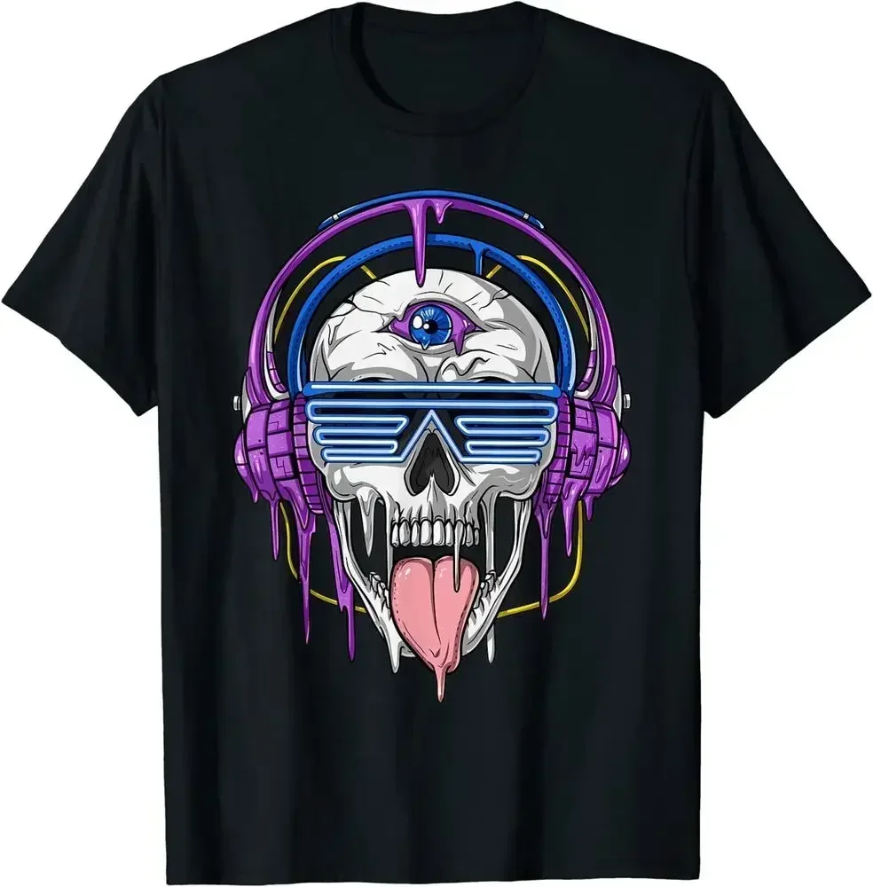 2024 Summer Tops New Limited Psychedelic Skull Headphones Psytrance Techno Edm Festival Short-sleev Casual Ventilate T-Shirt