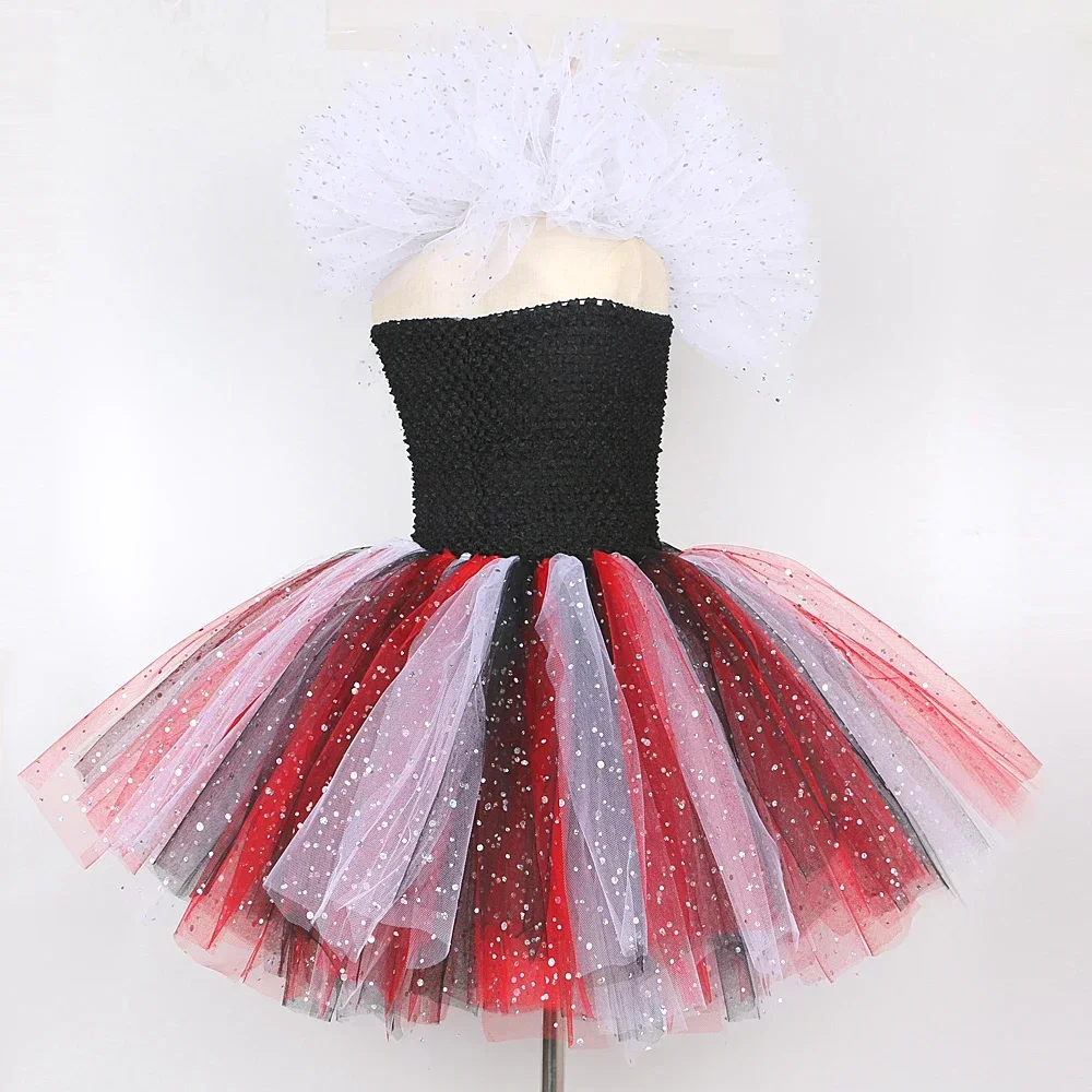 Glitter Red Queen of Hearts Costume for Girls Halloween Carnival Party Clothes Wonderland Cosplay Kids Fancy Tutu Princess Dress