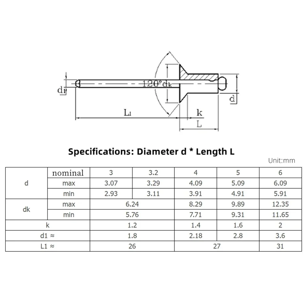 M2.4 M3 M3.2 M4 M5 الأسود غاطسة رئيس برشام أعمى سحب سبائك الألومنيوم العادم سحب برشام الديكور مسمار طول 4-16 مللي متر