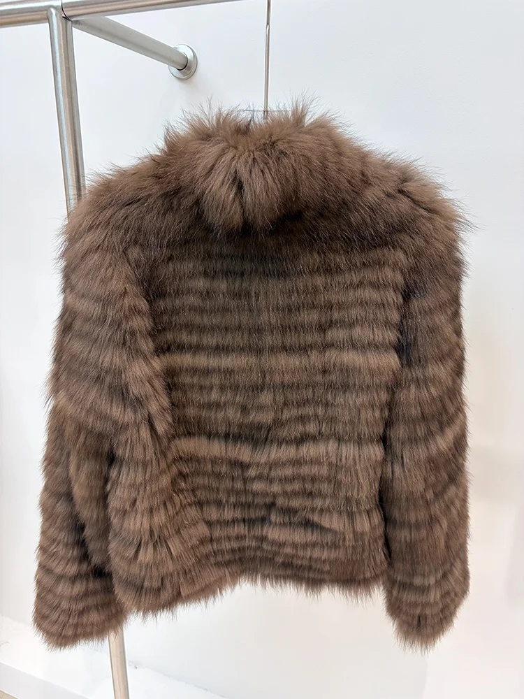 Fashion New Women Autumn Winter Real Fox Fur Strip Sewed Toghter Coats With Natural Fox Fur Female Casual Jackets