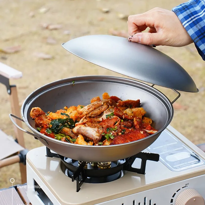 

New Titanium Wok Pan with Lid Double Handle Induction Cooker Outdoor Camping Alcohol Stove Dry Pot