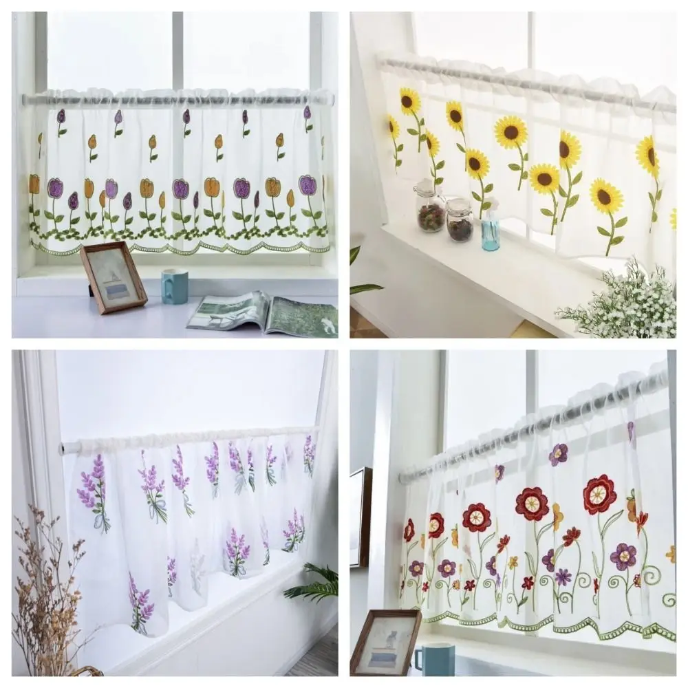 Lace Floral Embroidered Sheer Valance Curtain for Small Window/Kitchen 39.4x19.7 Inch Voile Curtain 1 Panel Window Drape Shades