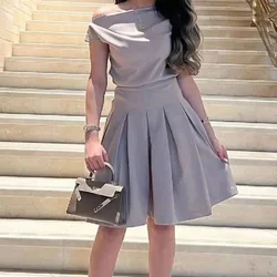CustomizedOff the Shoulder Straight Short Sleeves Pleats Ankle Length Solid Color Elegant Party Dresses Woman Special Occasion G