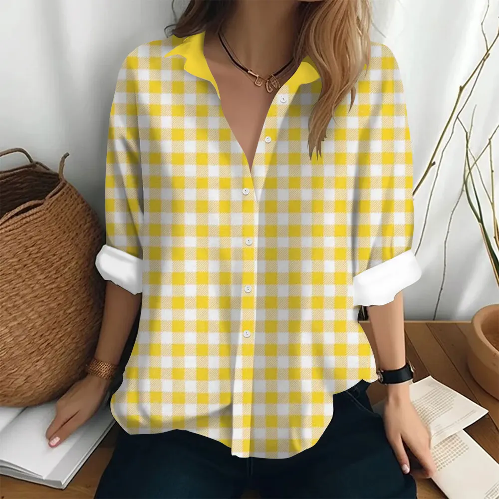 Camisa com estampa quadriculada para mulheres Top manga comprida, roupa de botão solto, moda festa, tendência outono