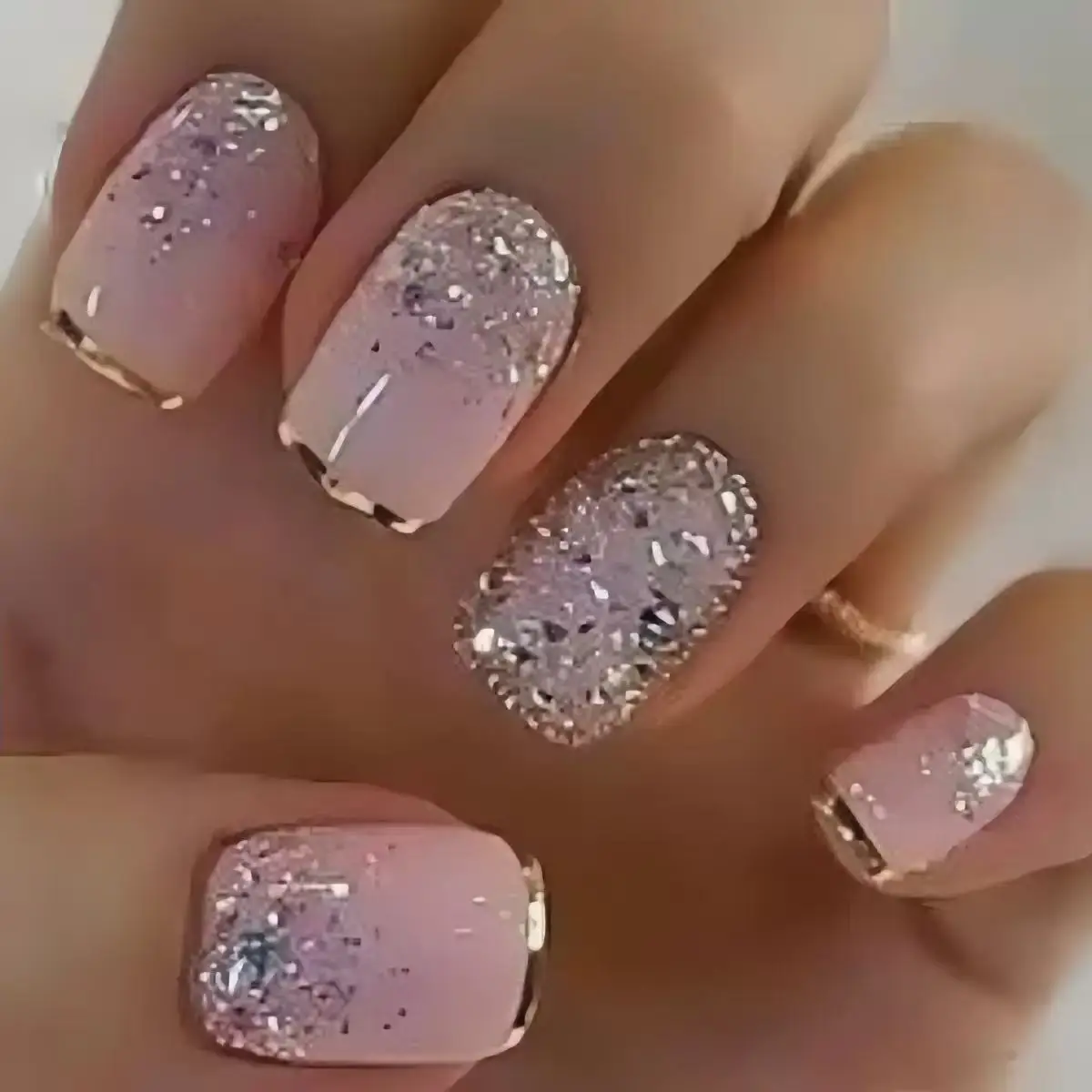 24 Pieces of French Style Short Square Press Nail Patch, Nude Color Short Fake Nails, Medium and Long Nail Glitter Wearing Nail