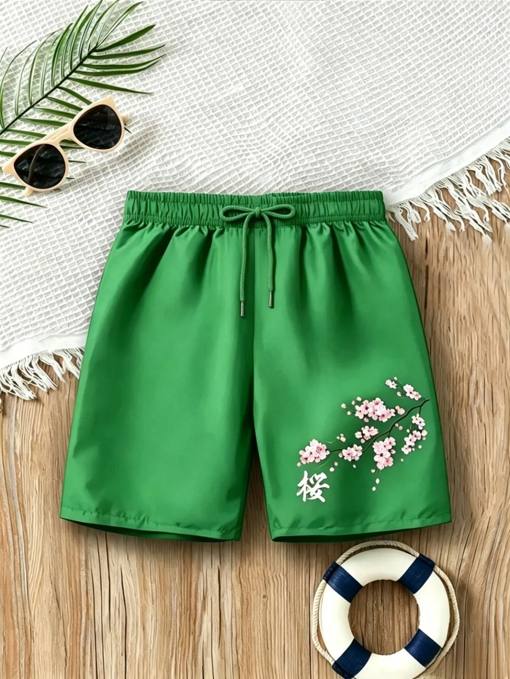 Amerikanische Herren-Sommer-Shorts mit personalisiertem Buchstaben- und Kirschblüten-Print, bequem, atmungsaktiv, mit Kordelzug, für Outdoor und Freizeit – Detail 10