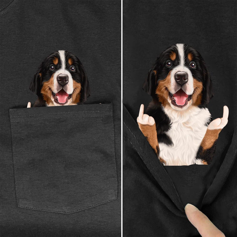 CLOOCL Animals Cotton T-shirts Bernese Mountain Dog Middle Finger Pocket T-shirt Adult Teens Summer Short Sleeve Shirts Tops