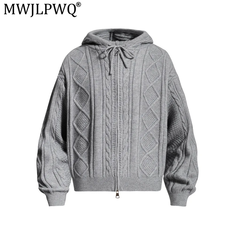 MWJLPWQ Autumn Winter Men's Hooded Knitted Cardigan Sweater Diamond Pattern Solid Color Casual Loose Fit Double Zipper Top 20811