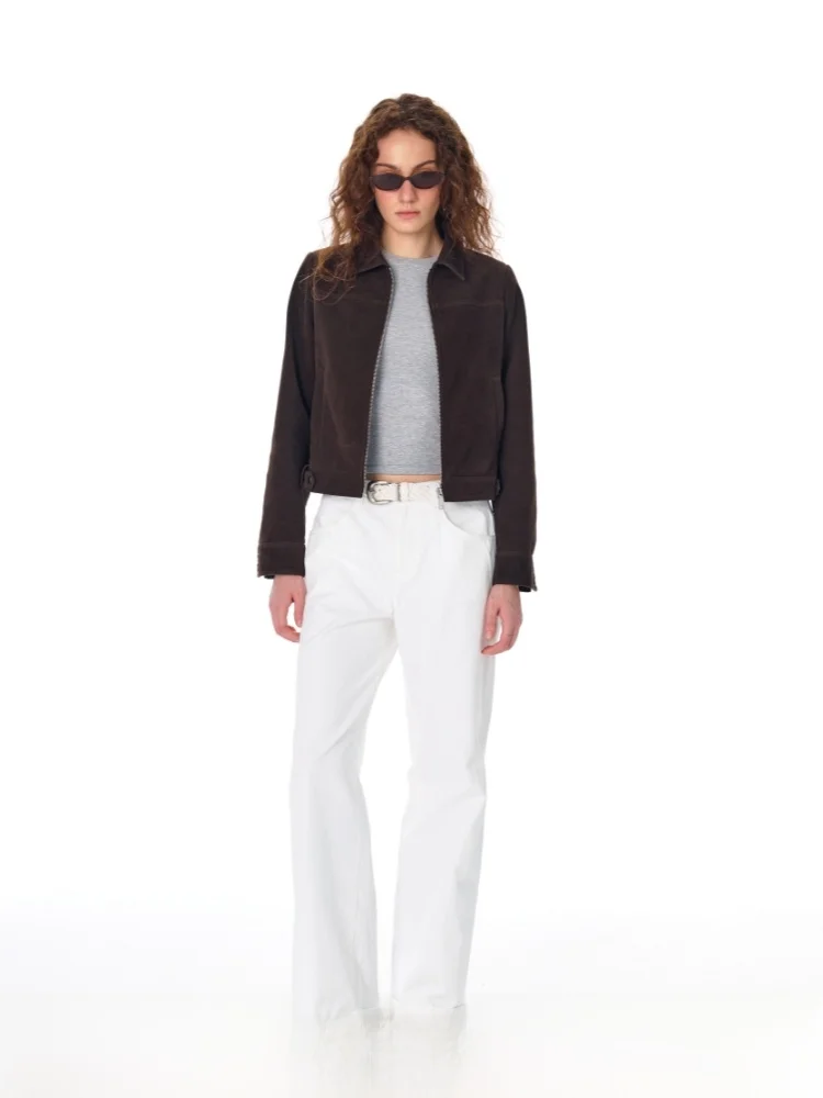 

Short Fit Suede Jacket for Women Casual Style Autumn 2024 Open Enrollment Suburb Brown Color Polyurethane Elastic Fiber 100%
