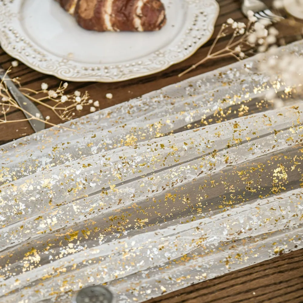 Beige Gold Gauze Table Runner 120Inch Glitter Metallic Foil Sheer Dining Wedding Anniversary Holiday Birthday Table Decor Party