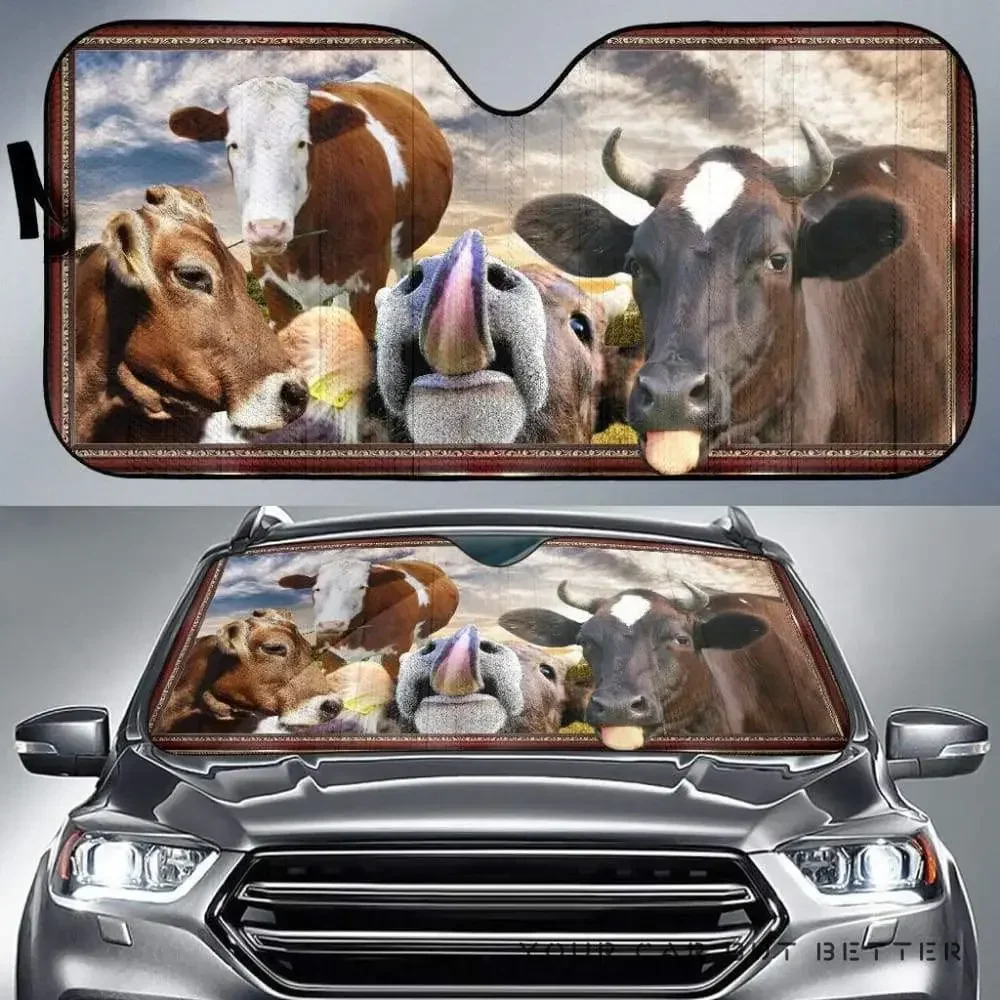 Funny Dairy Vacas Background Sunshade para carro, Lambendo no pôr do sol, Animais de fazenda, Auto Sun Shade, Pára-brisas V