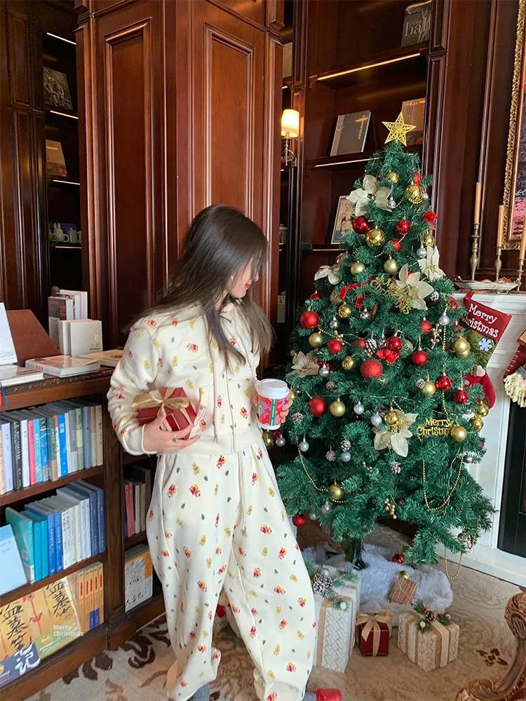 

Women's Sportswear Set Hooded Open Cardigan Sweatirt Set Printed Design Two-Piece Set Belted Sweatpants Long Sve Zipper