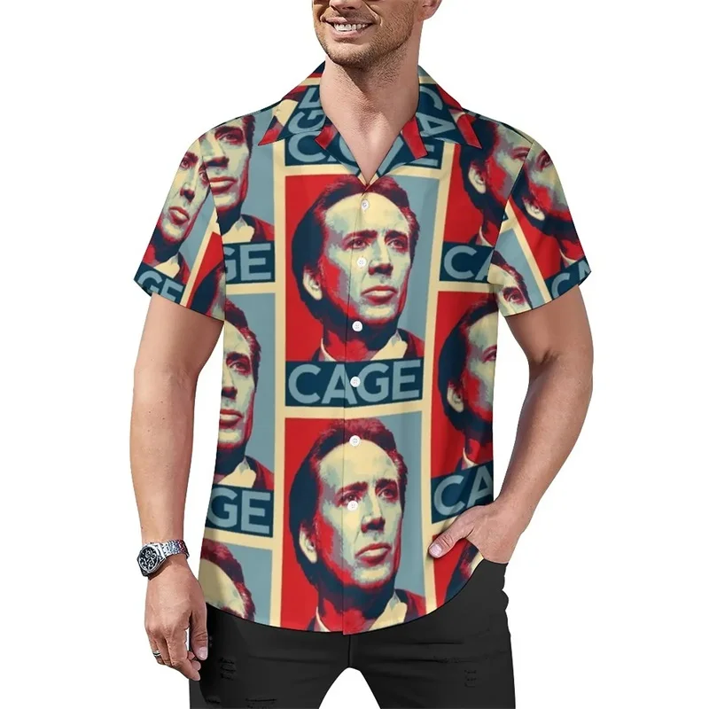 ثلاثية الأبعاد مطبوعة نيكولاس كيج التلبيب قميص للرجال عادية كم قصير زر حتى قمصان الشاطئ بلايز الشارع الشهير الرجال ألوها قميص