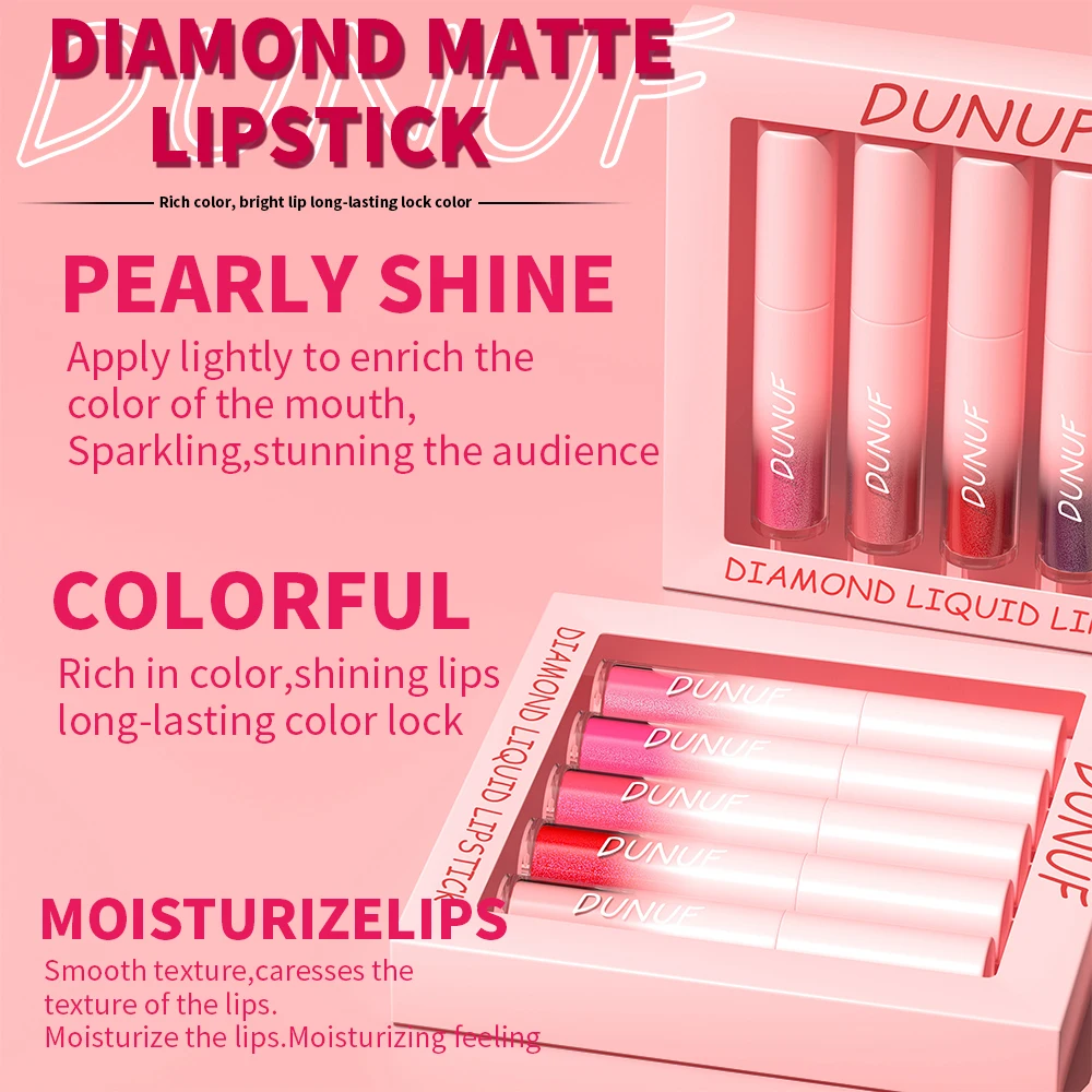 DUNUF 5 teile/satz Schimmer Diamant Glitter Lip Gloss Matt Flüssigen Lippenstift Sexy Wasserdichte Perle Samt Lipgloss Lippen Make-Up