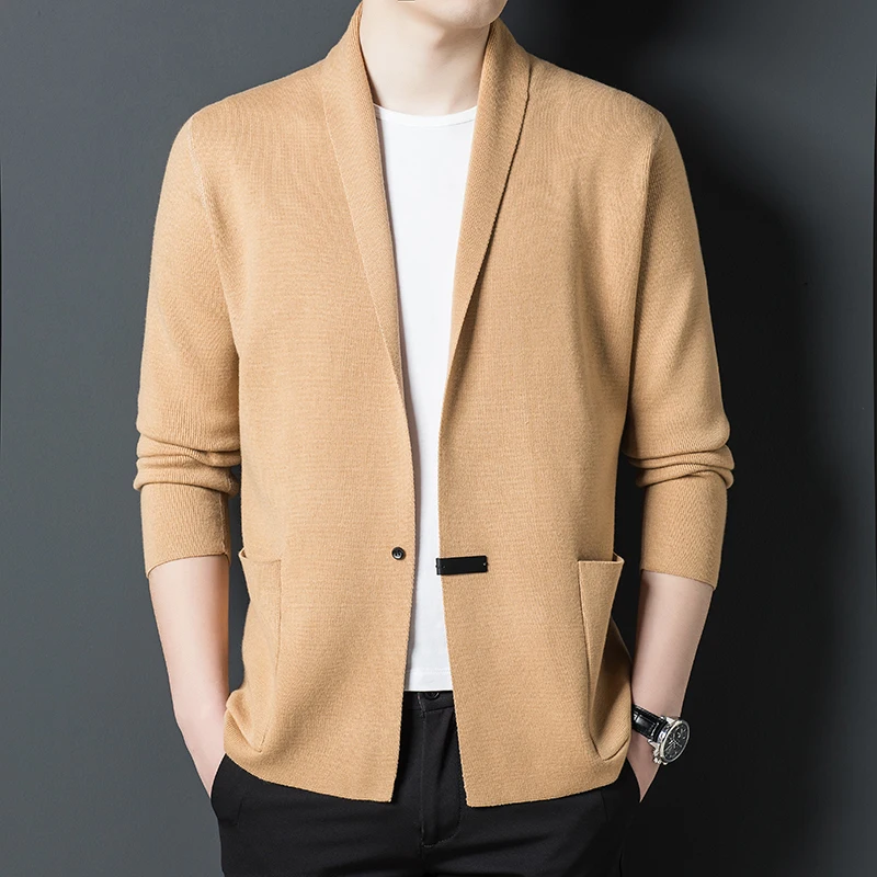 

New Trendy Korean Sweater Cardigan Men 2025 Autumn Classic One Button Knit Coat Long Sleeve Outwear Cardigan with Pockets