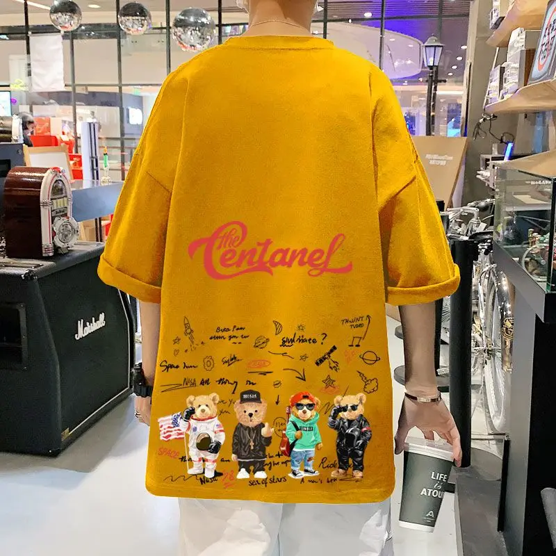 

Summer Oversized T-Shirt Pure Cotton Loose round Neck Short-Sleeved Unisex Bear Cartoon Graphic Korean Style 2025 New