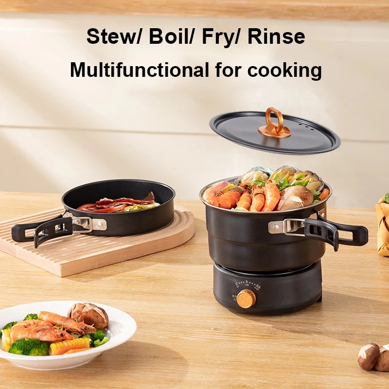 110V/220V Foldable Split Rice Multicooker Portable Frying Pan Electric Stew Soup Pot Boiler Cooking Skillet Hotpot Food Steamer