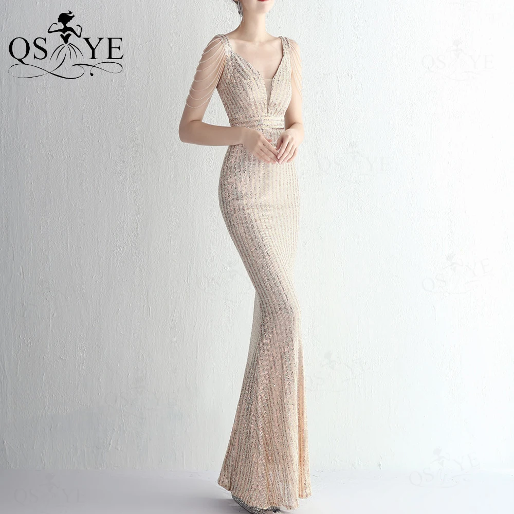 Sparkle Twill Lace Gold Prom Dresses V Neck Fitted Evening Gown Beading Straps Open Low Back Crystals Golden Formal Party Dress