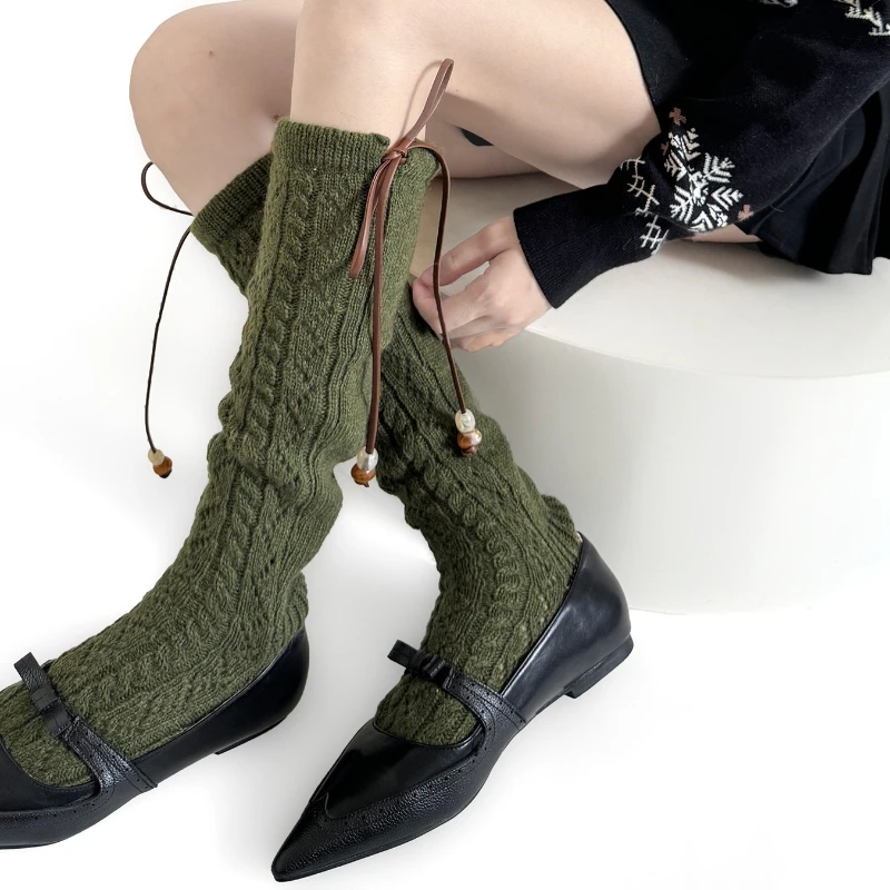 30% 울 송아지 양말 스타킹 여성용 가을 겨울 따뜻한 무릎 양말 니트 트위스트 스트랩 중간 길이 양말 스타킹
