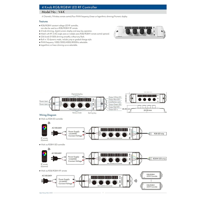 12-24VDC 4 مقبض مفتاح RGB/RGBW LED باهتة RF تحكم 4Chx4a شاشة ديجيتال ك RF عن بعد لشرائط LED 4 قناة