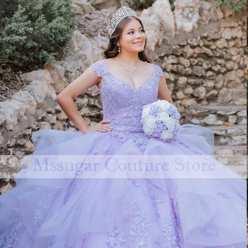 Lavanda-Vestidos De quinceañera para niñas, Vestidos De tul con apliques De escote Corazón, cuentas De encaje, Vestidos De cumpleaños para niñas mexicanas, 15 Años