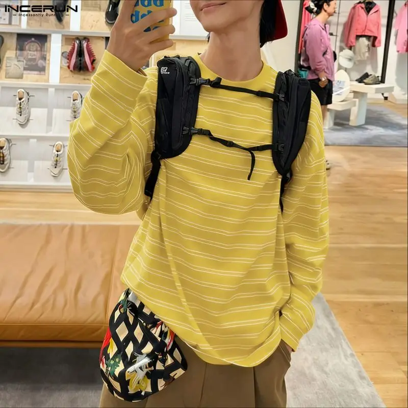 

INCERUN Мужская полосатая футболка с круглым вырезом и длинным рукавом Свободные мужские базовые футболки в корейском стиле Уличная модная повседневная мужская одежда