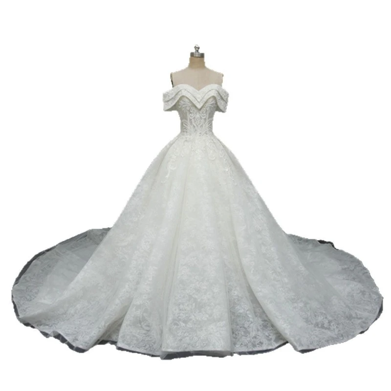 One-word shoulder bead lace wedding dress church tutu skirt light luxury French trailing light luxury
