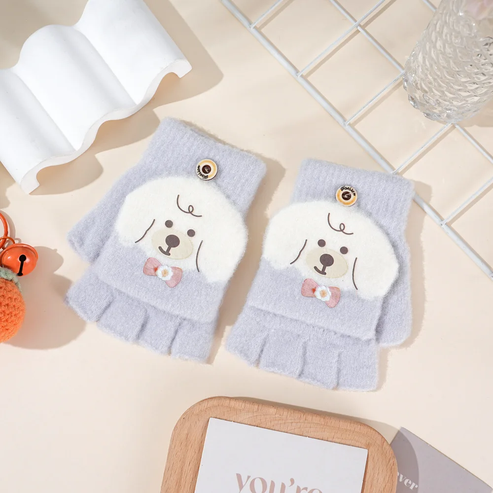 Winter Cartoon Children's Warm Gloves with Exposed Fingers for Cold Protection, Flip Up Gloves for Male and Female Babies