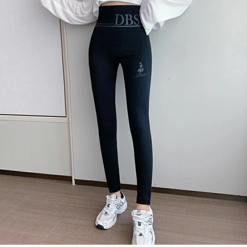 Outono inverno novo plus velo engrossar feminino lápis leggings fino cintura alta anti-pilling elástico sólido carta calças quentes