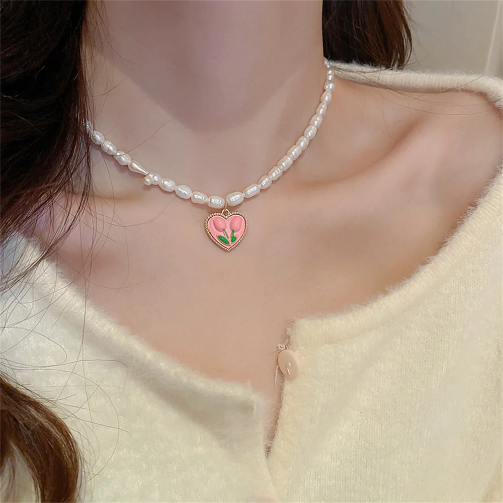 Flower Love Fresh Water Pearl Necklace French Girl Heart Cute Lovely Sweet Clavicle Tulip Versatile Temperament Pendant