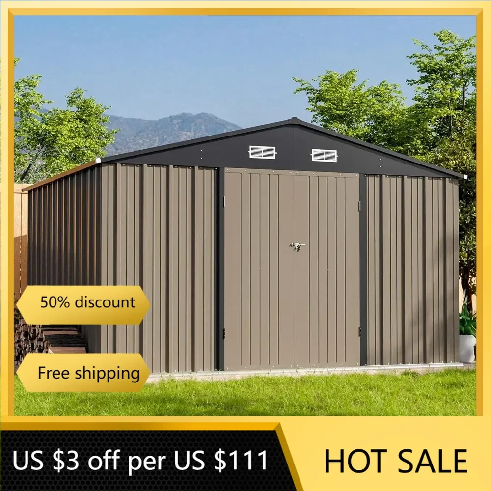 10 x 8 FT Outdoor Storage Shed, Large Garden Tool Metal Shed with Sloping Roof and Double Lockable Door, Outdoor Shed