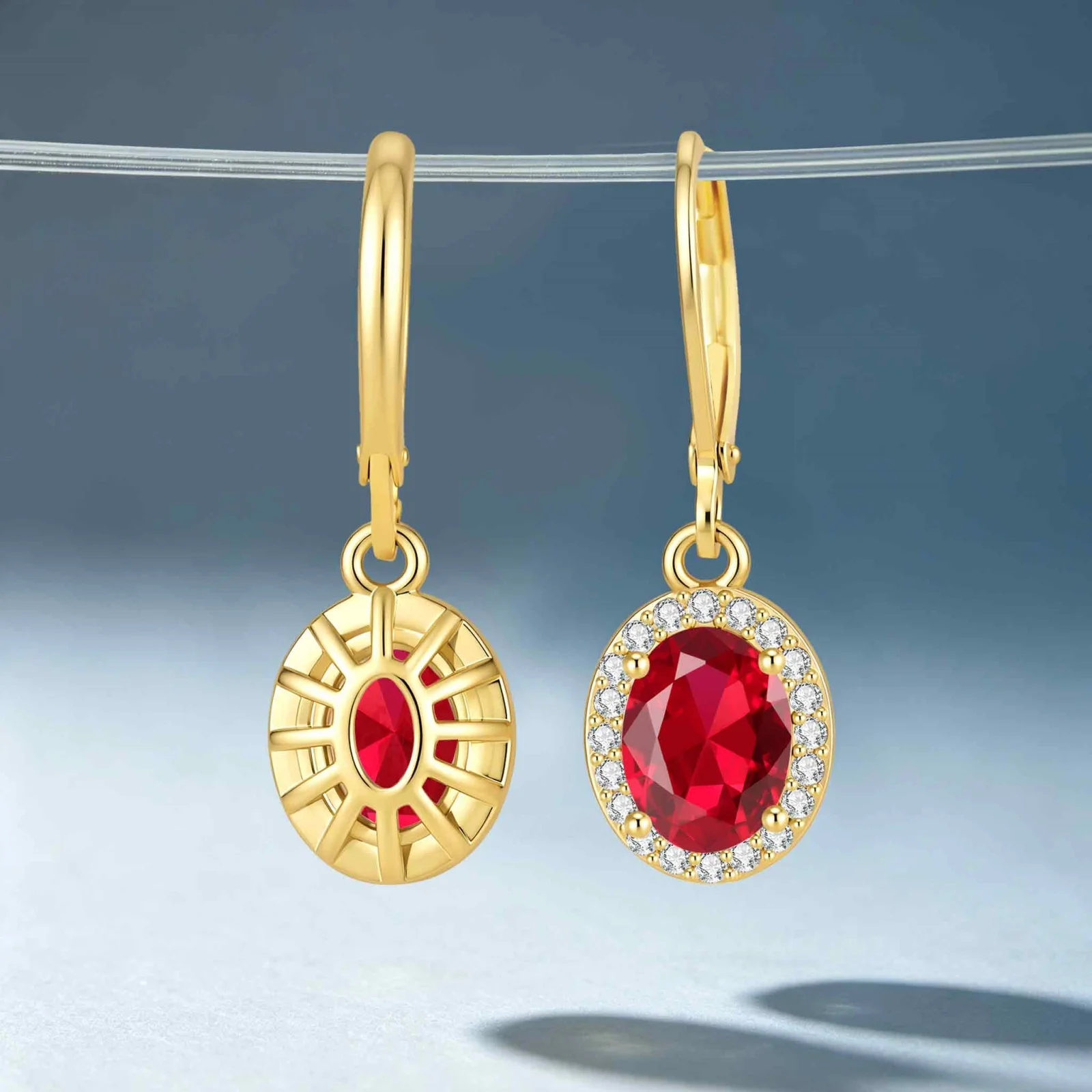 LAMVOICE 18K Golden Plated Oval Halo Synthetic Ruby Leverback Dangle Earrings,Hypoallergenic Anti‑Tarnish Women Jewelry