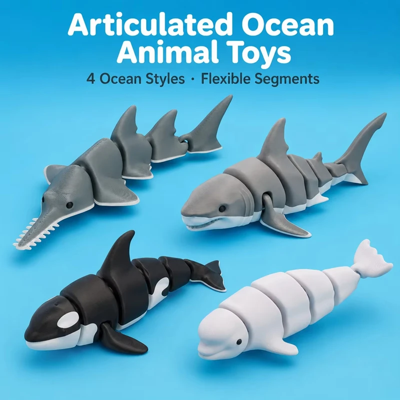3D Printed Simulation Marine Animal Figure Model Orca Shark Dolphin Seal Movable Joints Ornament Home Decoration for Kid Gift
