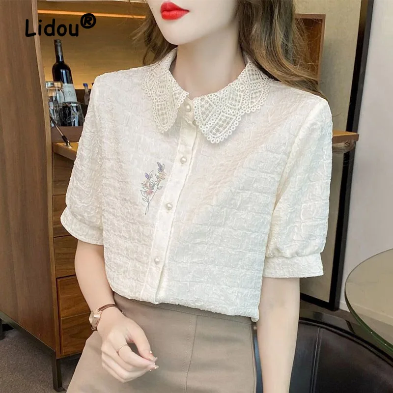 Fashion Solid Color Embroidered Blouse Womne New Classic Summer Short Sleeve Peter Pan Collar Single-breasted Lady Shirt 2023