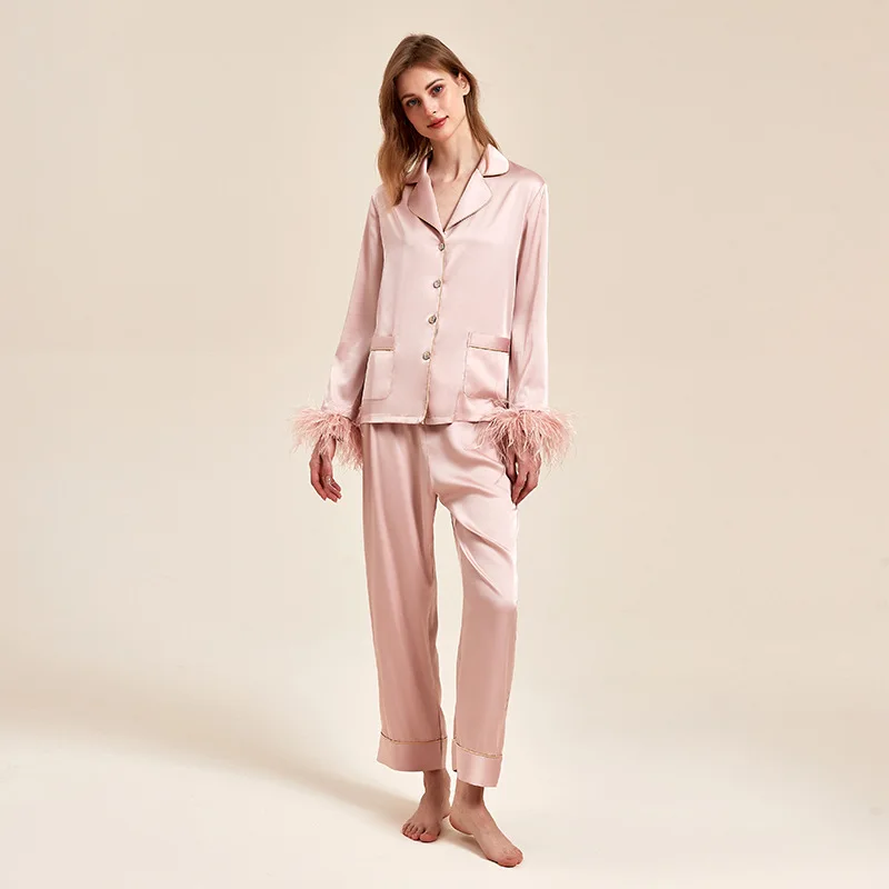 Pink Bride Wedding Pajamas Two Piece Set Luxury Feathers Satin Sleepwear Trouser Suits Spring Autumn Loose Loungewear Homewear