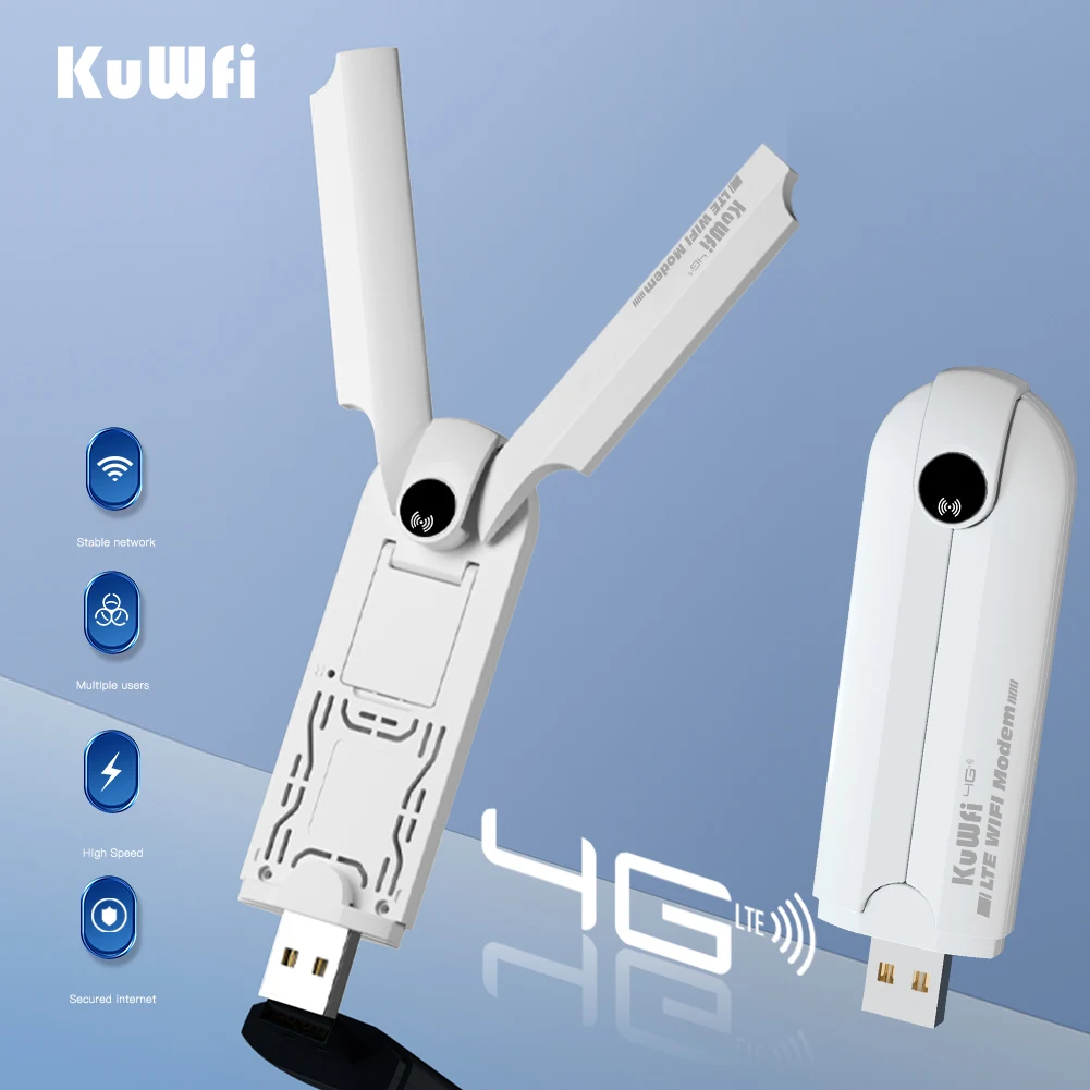 KuWFi 4G LTE USB Dongle 150Mbps Unlocked 4G Wireless Wifi Router Modem Hotspot with External Antenna Wifi Network Card for Car