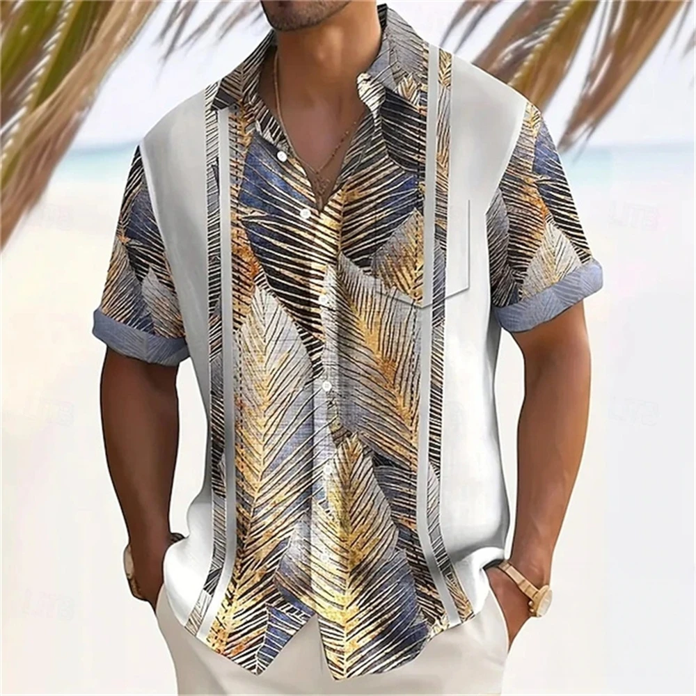 Hawaiian Stripe with Palm Leaf Print Fashion Men's Shirt Summer Beach Shirts Oversized Men's Clothingtrendy Short Sleeve Blouse