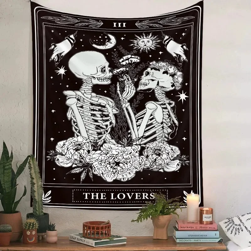 VIKAMA Gothic Skeleton Lovers Wall Tapestry, Tarot Card Sun Moon Flower Print Wall Hanging, Mystic Witchy Background Decor