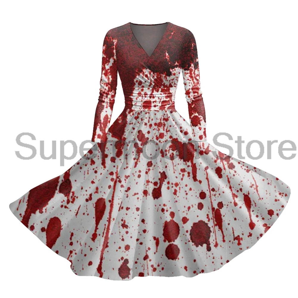 Halloween Bloody Dress V-Neck Long Sleeve Streetwear Women Horror Dress