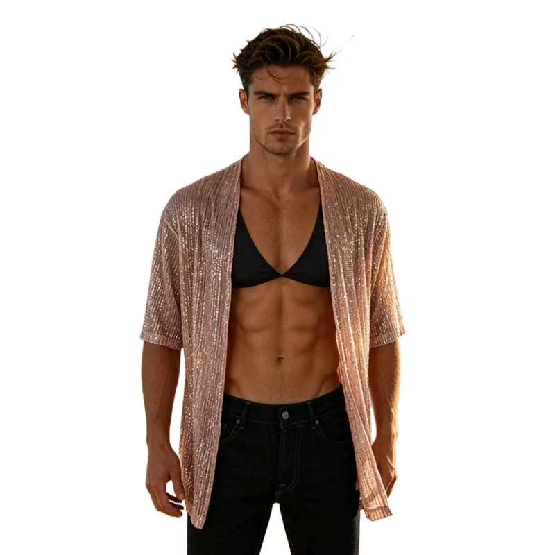 Herren-Pailletten-Kimono-Cardigan, kurzärmelig, vorne offen, locker sitzende Strand-Party-Festival-Rave-Oberbekleidung, Herren-Poloshirts, Kleidung – Detail 2