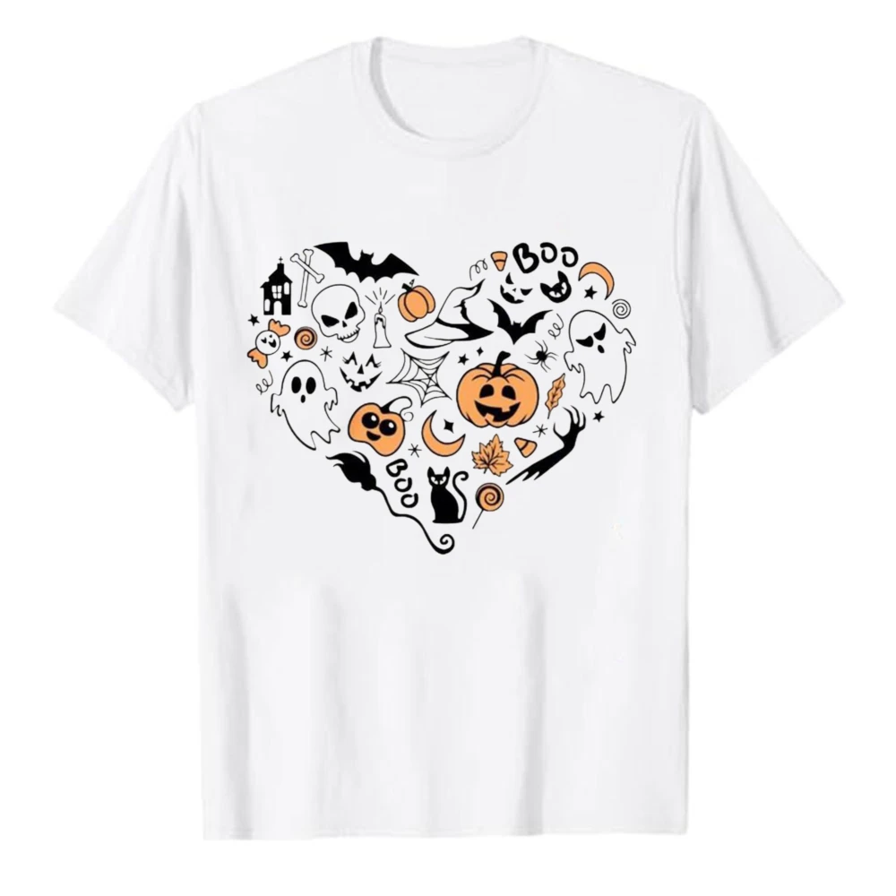 Halloween Heart Shape Doodle Collage Graphic T‑Shirt Men Women Pumpkin Ghost Bat Black Cat Witch Hat Print Tee Casual Cotton Top