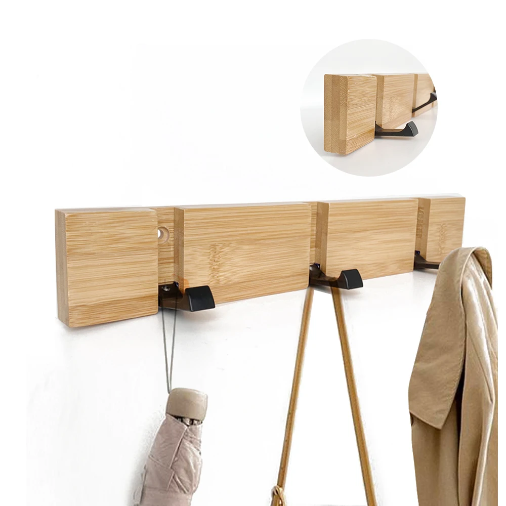 Bamboo Wood Shelf Foldable Metal Hooks Wall Mounted Doors Hanging Hanger Bags Clothes Key Storage Heavy Duty Hanger NO Drilling