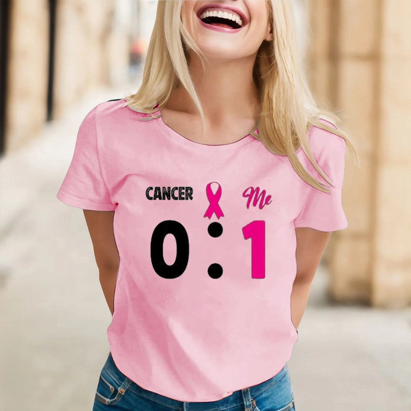 Womens October Pink T-Shirt Breast Cancer Awareness Graphic T Shirts Solid Color Round Neck Short Sleeve Female Tees Cancer ﻿