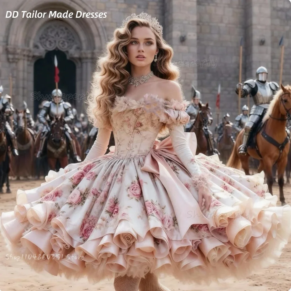 فاخر لوليتا الأميرة فستان الحفلة الراقصة الأزهار المطبوعة طبقات الكرة ثوب قصير فساتين حفلة عيد ميلاد القوس الخلفي خارج الكتف مخصص #1