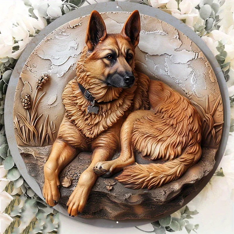 

Aluminum Circular Metal Sign Plaque, German Shepherd Dog Statues, Animal Sculpture Figurines, Wall Art, Home Decor, 8x8Inch, 1Pc