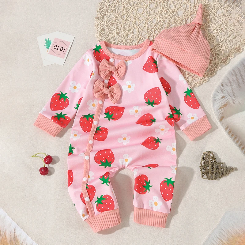 

Baby Girls Sweatshirts Rompers Cute Strawberry Floral Print Bowknot Long Sleeve Jumpsuits Fall Clothes Bodysuits with Hat