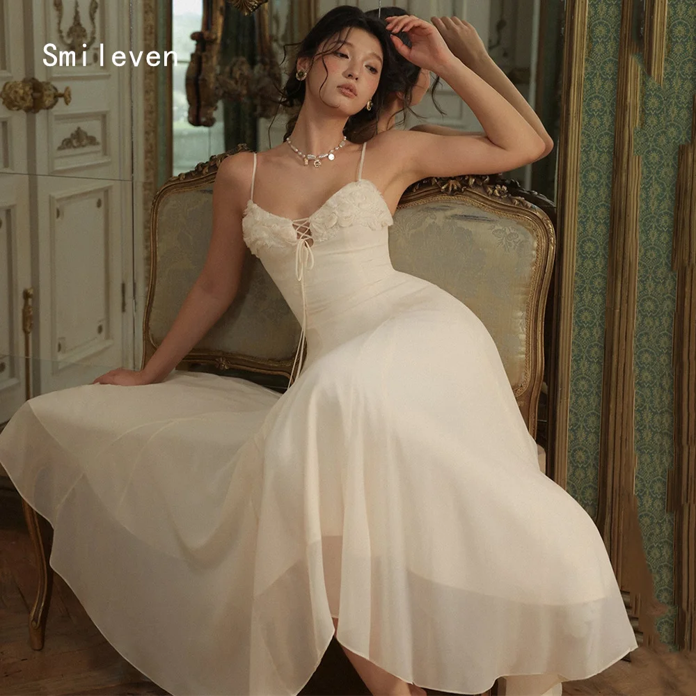 Smileven Luxury 3D A Line Prom Dress Illusion Flower Evening Gowns Appliques Sexy Spaghetti Strap Occasion Dress Customized 2026